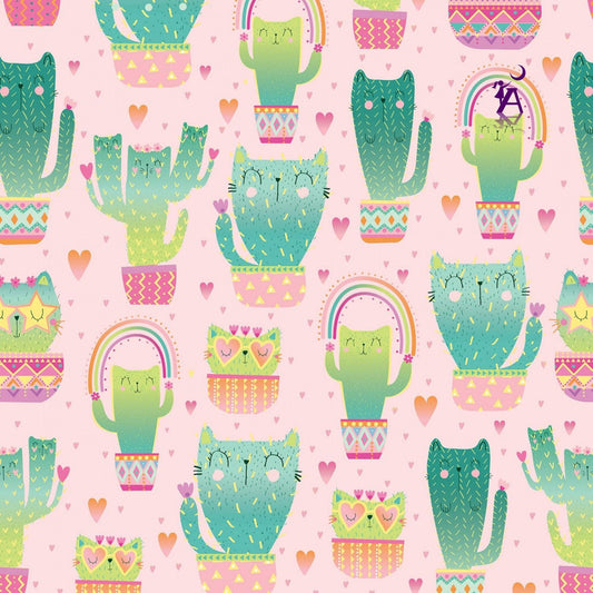 Timeless Treasures Fabric Pink Quirky Cat Cacti, Kitty Cactus from Timeless Treasures Fabric, Cactus Fabric, Cat Cotton Fabric, quilting fabric
