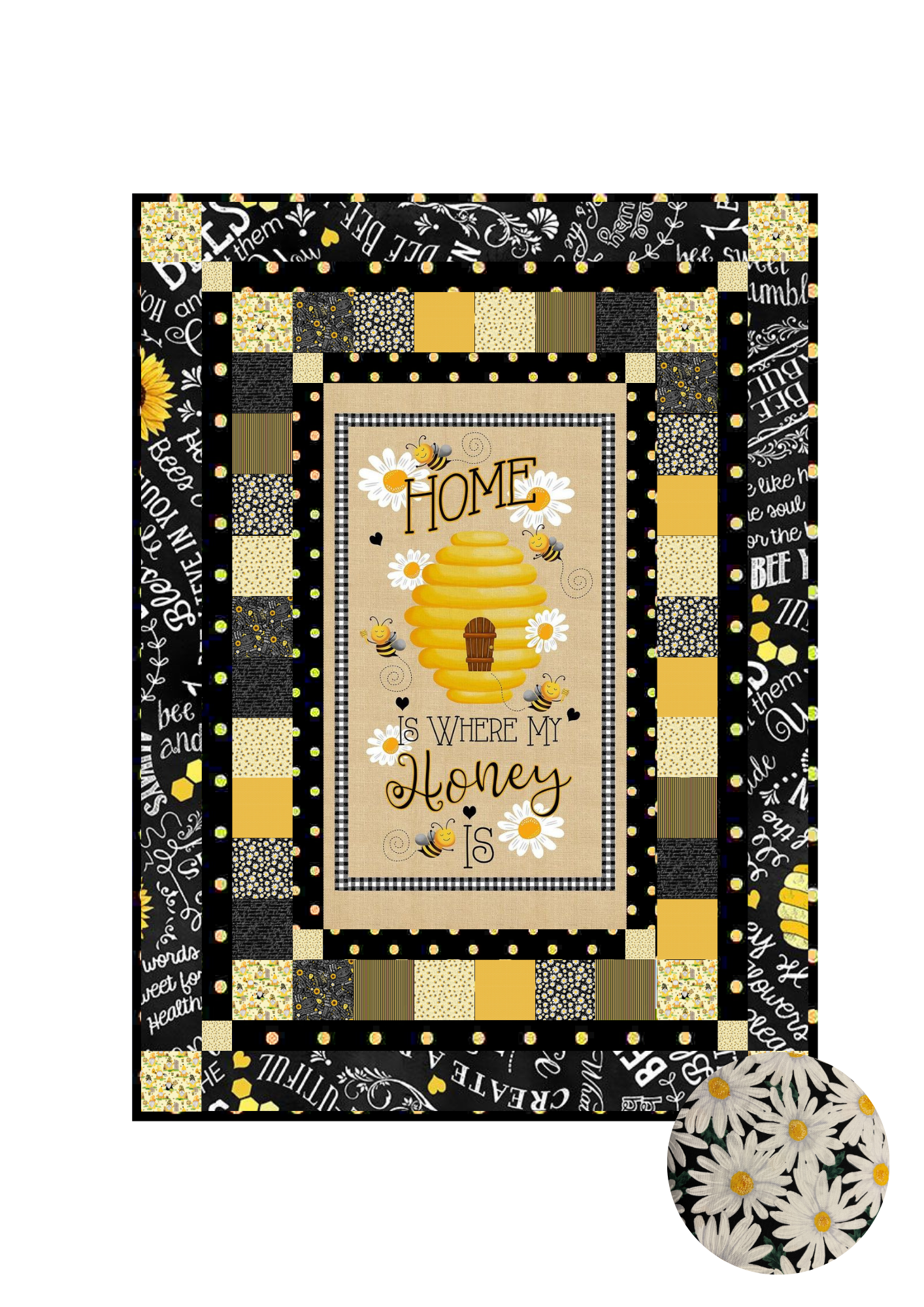Timeless Treasures Quilt Kit Kit w/backing Large Daisies Beginner Bee Hive Quilt Kit Timeless Treasures Home Is Where My Honey Is DIY Panel Quilt