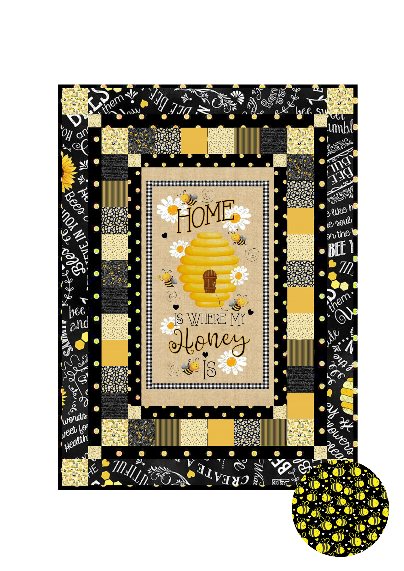 Timeless Treasures Quilt Kit Kit w/backing Plump Bees on Black Beginner Bee Hive Quilt Kit Timeless Treasures Home Is Where My Honey Is DIY Panel Quilt