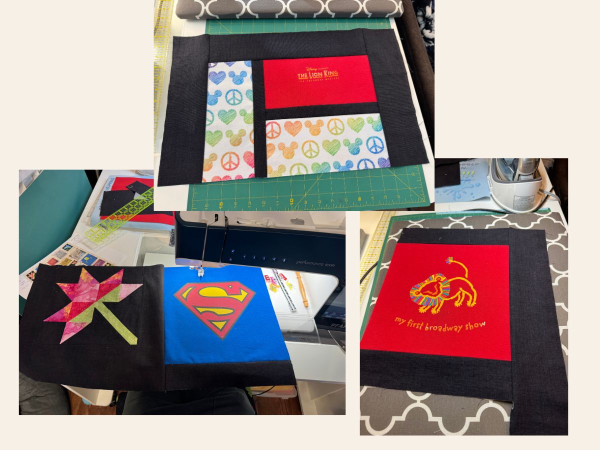 Progress on a custom memorial T-shirt quilt featuring framed T-shirt blocks and pieced floral accents on a quilting workspace.