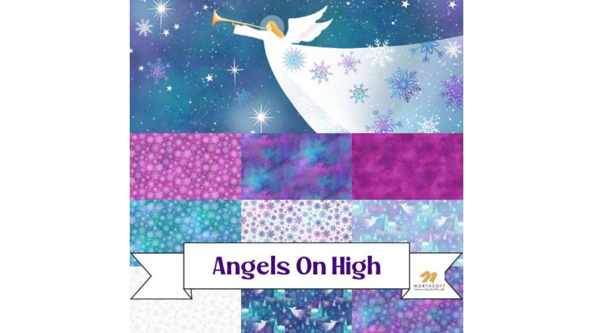 Angels trumpeting bugle above a snowy city scene