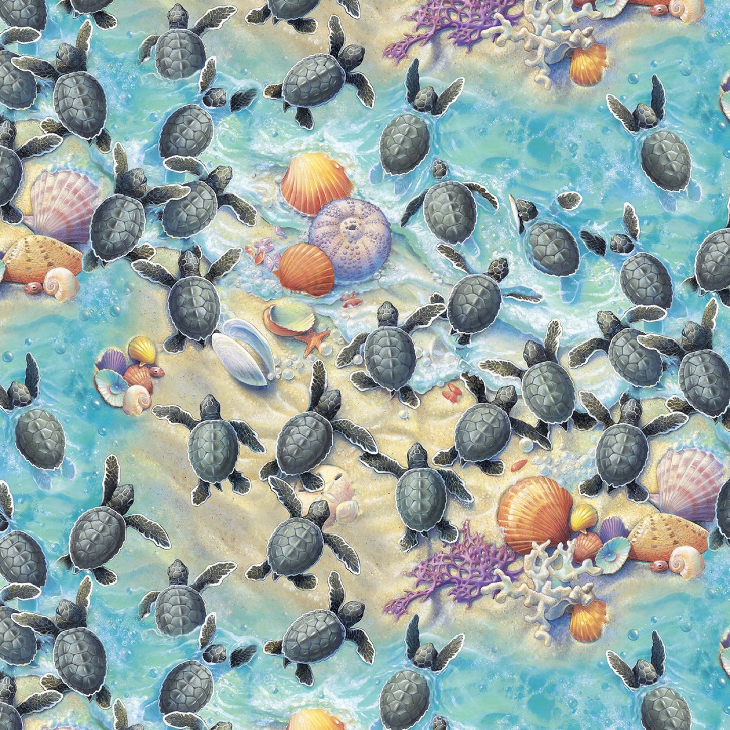 Multi Turtles Race To Safety Baby Sea Turtles fabric by the yard