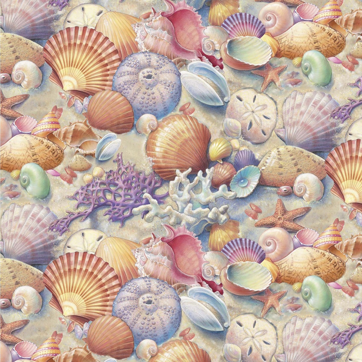 Multi Shells Race To Safety # 1610E-MULTI Beach Shells fabric by the yard