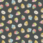 Sweet Little Pleasures Cupcakes on Black Fabric by the Yard