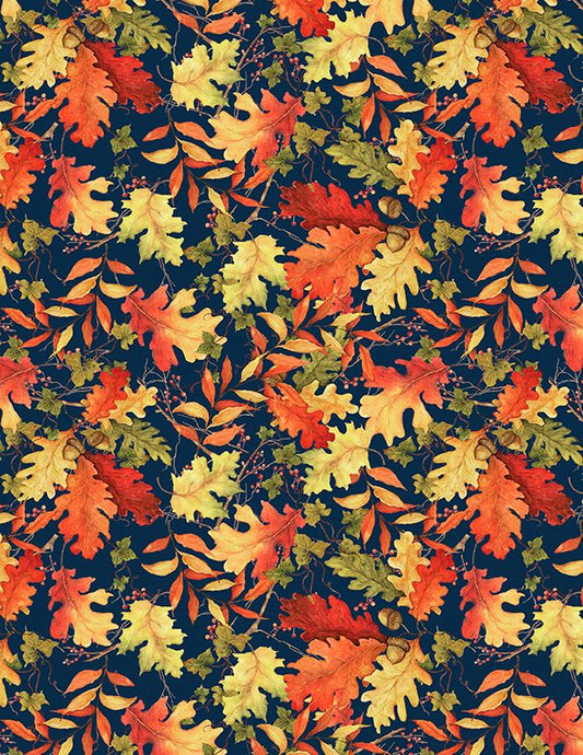 Leaf Toss Navy from Gnome-Kin Patch Autumn Leaves on Navy Fabric by the Yard