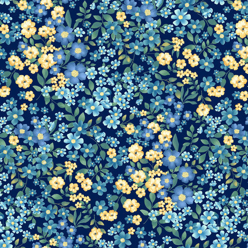 Bee All You Can Bee - Main Blue Floral Print Cotton Quilting Fabric by the Yard