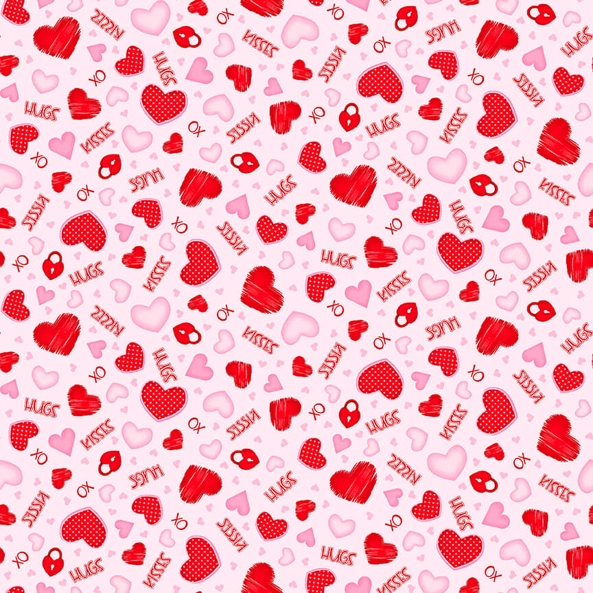 Gnomie Love Gnome Valentine's Day Fabric -  Tosed Hearts on Pink - Cotton Fabric by the Yard (SKU 9783-22)