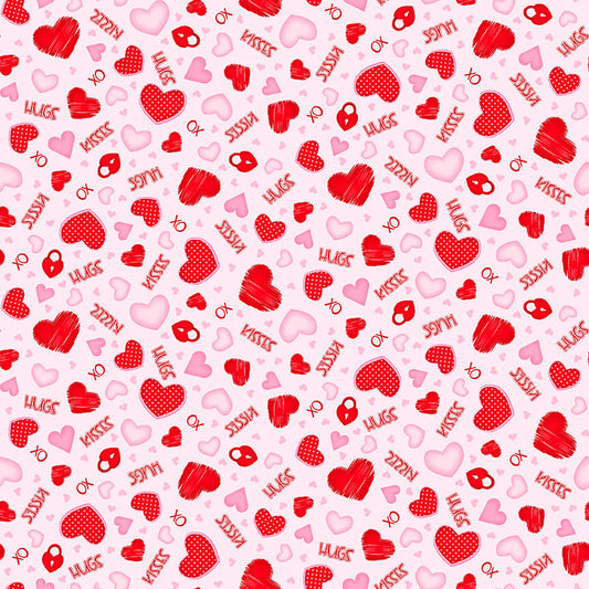 Gnomie Love Gnome Valentine's Day Fabric -  Tosed Hearts on Pink - Cotton Fabric by the Yard