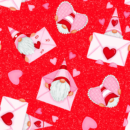 Gnomie Love Gnome Valentine's Day Fabric -  Gnomes & Envelopes - Cotton Fabric by the Yard (SKU 9788-88)