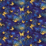 Lumière Luminous Butterflies royal blue cotton quilting fabric with colorful butterflies by Timeless Treasures