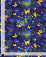 Lumière Luminous Butterflies royal blue cotton quilting fabric with colorful butterflies by Timeless Treasures with ruler