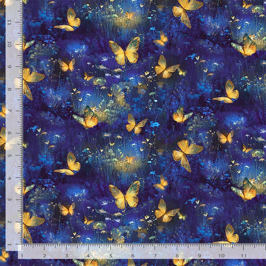 Lumière Luminous Butterflies royal blue cotton quilting fabric with colorful butterflies by Timeless Treasures with ruler