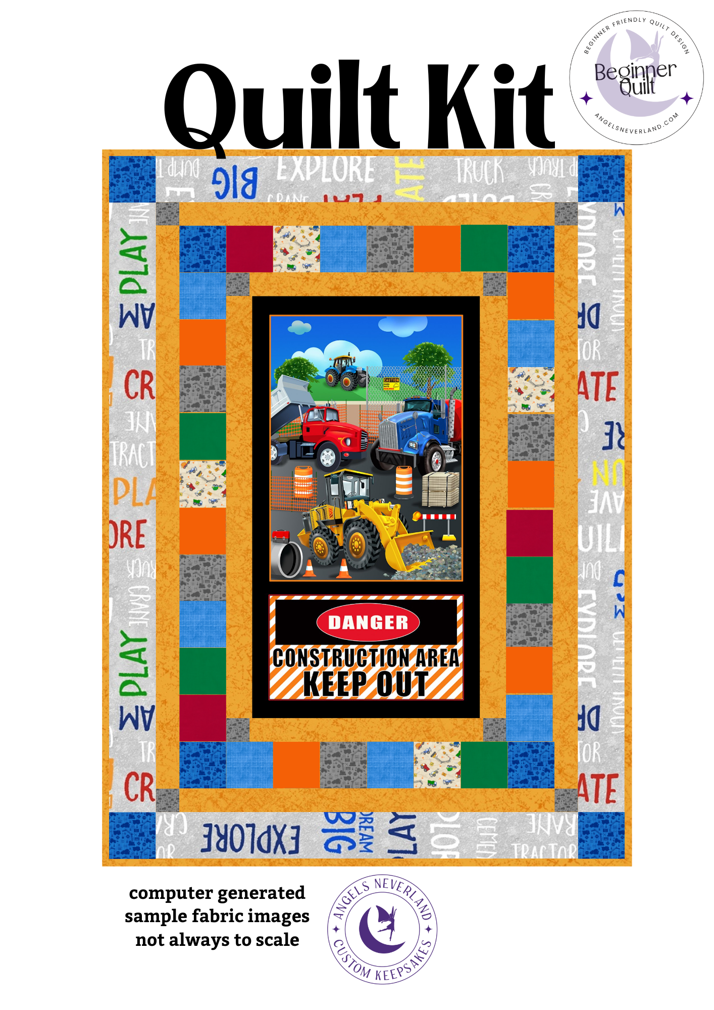 Building Dreams Construction Zone Panel Easy DIY Beginner QUILT KIT Construction Equipment Picture This Pattern