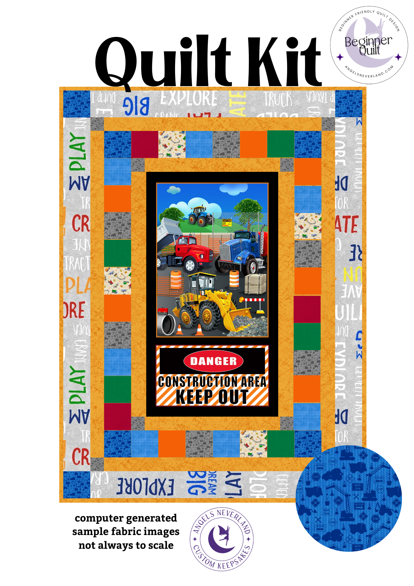 Building Dreams Construction Zone Panel Easy DIY Beginner QUILT KIT Construction Equipment Picture This Pattern