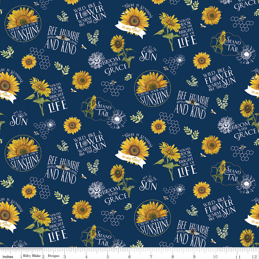 Honey Bees & Flowers Please Main Navy Fabric Yardage