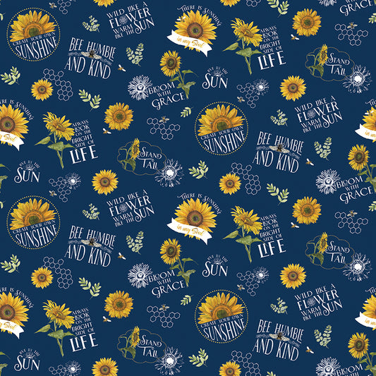 Honey Bees & Flowers Please Main Navy Fabric Yardage