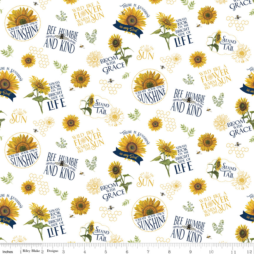 Honey Bees & Flowers Please Main White Fabric Yardage