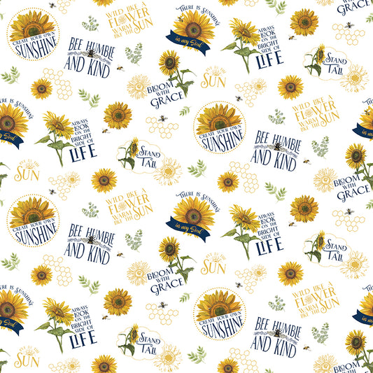 Honey Bees & Flowers Please Main White Fabric Yardage