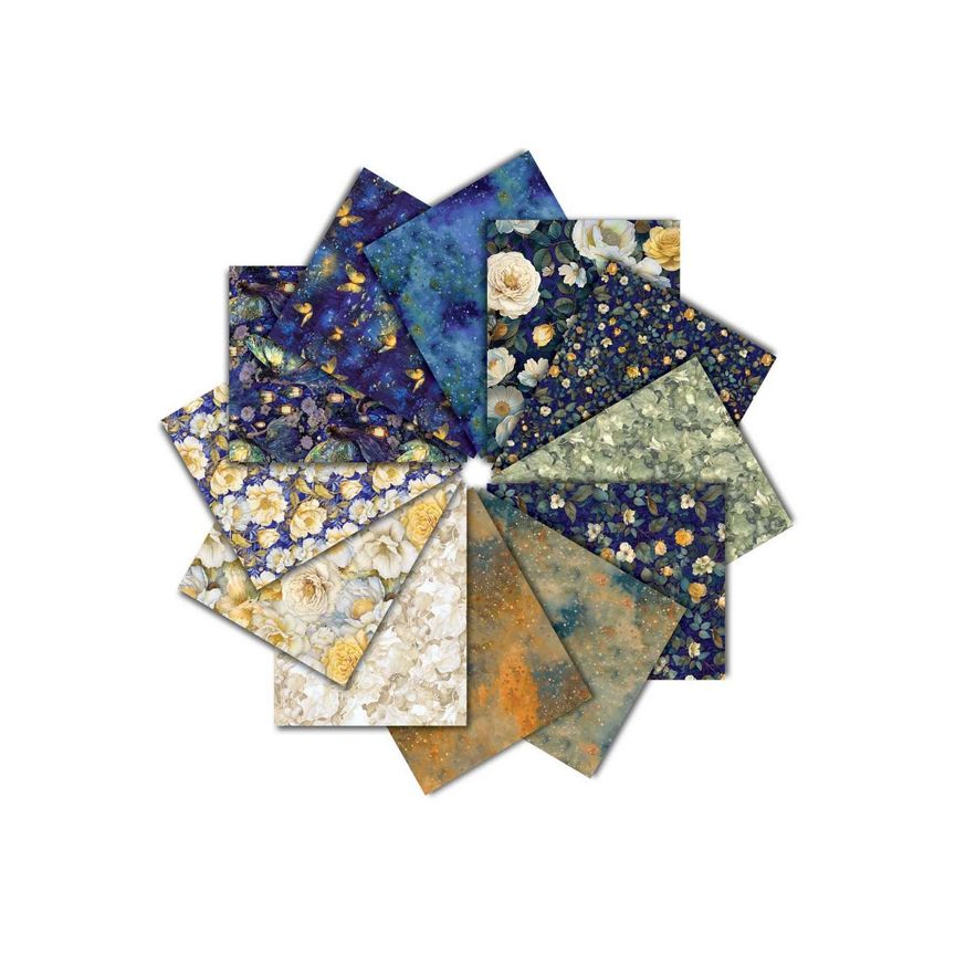 A circular arrangement of twelve patterned fabric or paper swatches in various colors and designs, including floral, abstract, and textured prints, set against a plain white background.