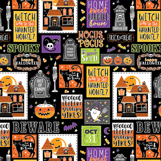Haunted Patchwork Multi Cheater Quilt Style Glow-O-Ween Halloween Cotton Fabric by the Yard