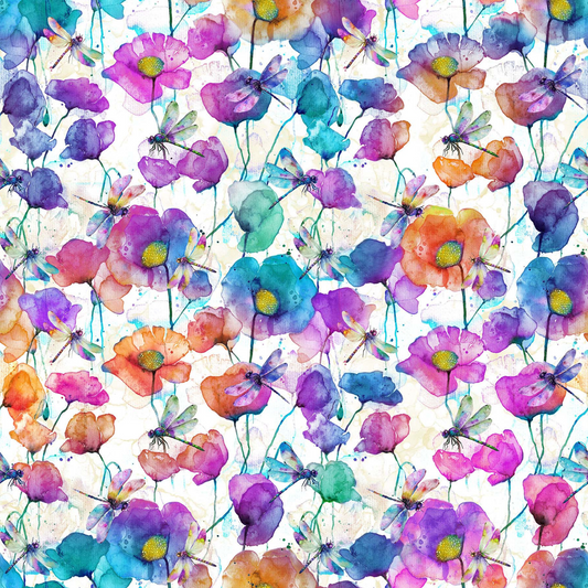 Dragonfly Dance Large Floral with dragonflies Multi White Fabric by the Yard (DP27502-10)