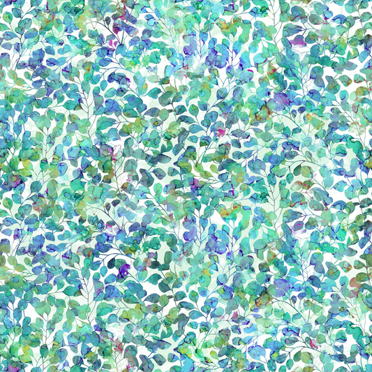 Dragonfly Dance Leaves White Teal Fabric by the Yard - DP27505-10
