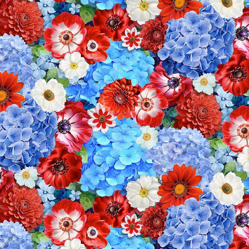 Stars & Stripes Packed Red White Blue Floral Cotton Fabric by the Yard