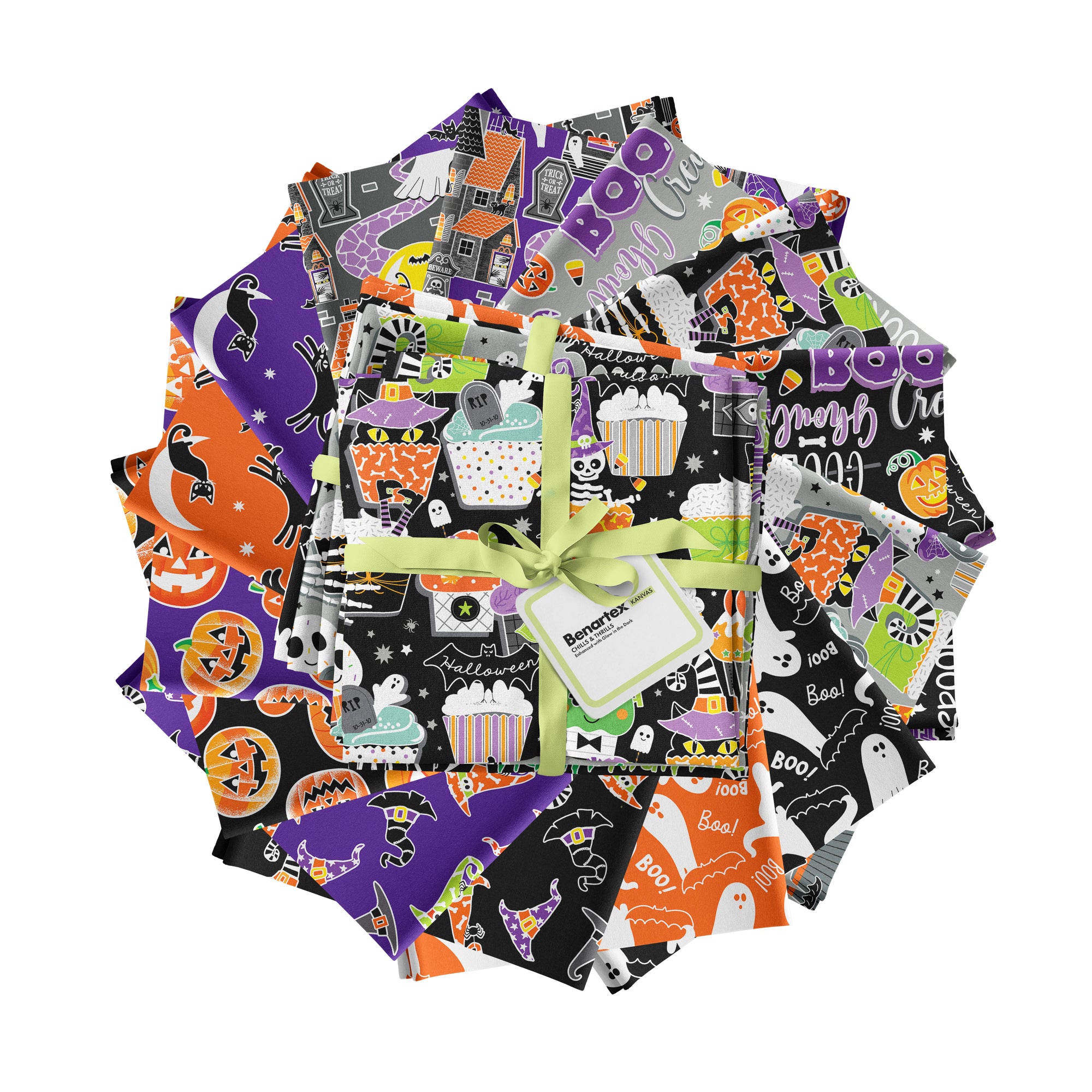 Glow in the Dark Halloween Fabric - Precut Fat Quarters Fabric Bundle -  Chills & Thrills