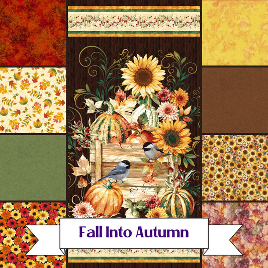 Fall into Autumn Sunflower Panel with birds and coordinating prints 9 Piece Fabric Bundle - (FQ, 1/2 yard & 1 yard bundles) by Studio E + more
