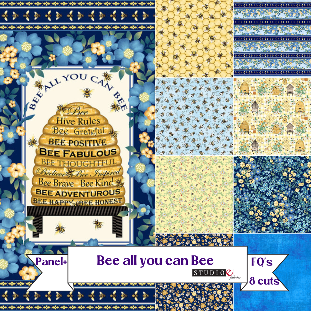 Bee All You Can Bee FQ Bundled Fabric Collection Panel plus 8 coordinating FQs prints