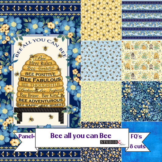 Bee All You Can Bee FQ Bundled Fabric Collection Panel plus 8 coordinating FQ prints