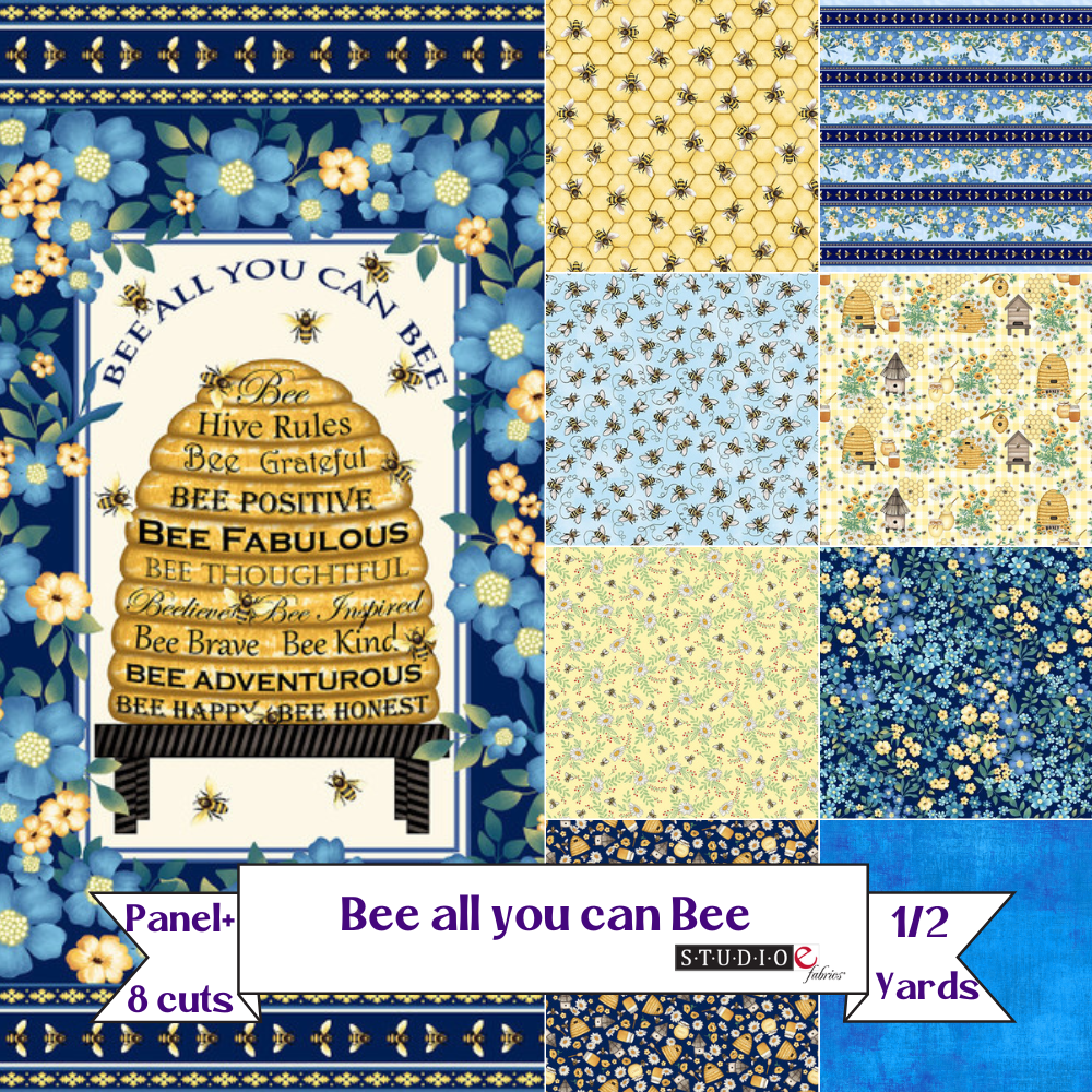 Bee All You Can Bee 1/2 yard Bundled Fabric Collection Panel plus 8 coordinating 1/2 yard prints