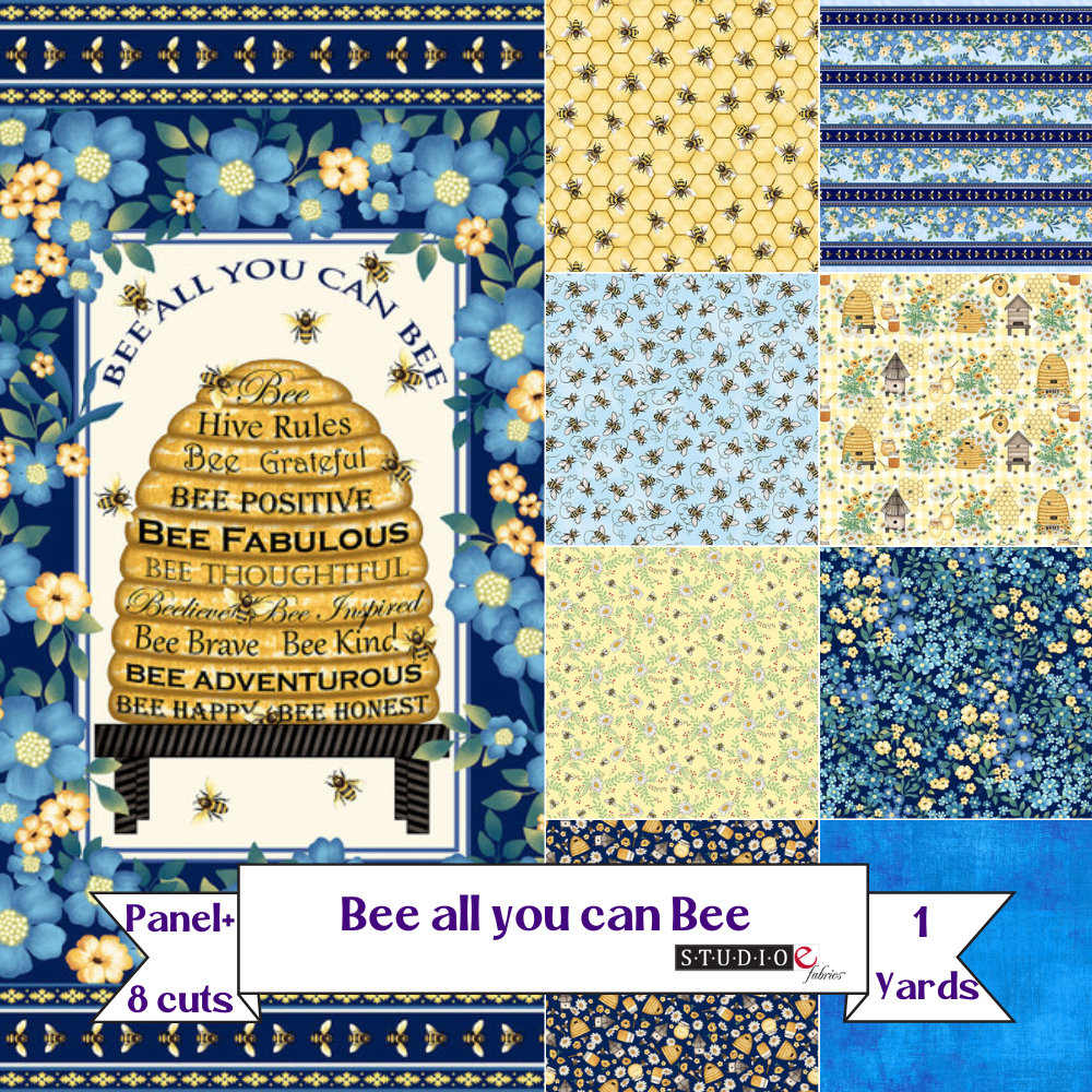 Bee All You Can Bee 1 yard Bundled Fabric Collection Panel plus 8 coordinating 1 yard prints