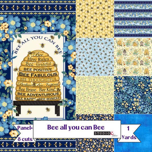 Bee All You Can Bee 1 yard Bundled Fabric Collection Panel plus 8 coordinating 1 yard prints