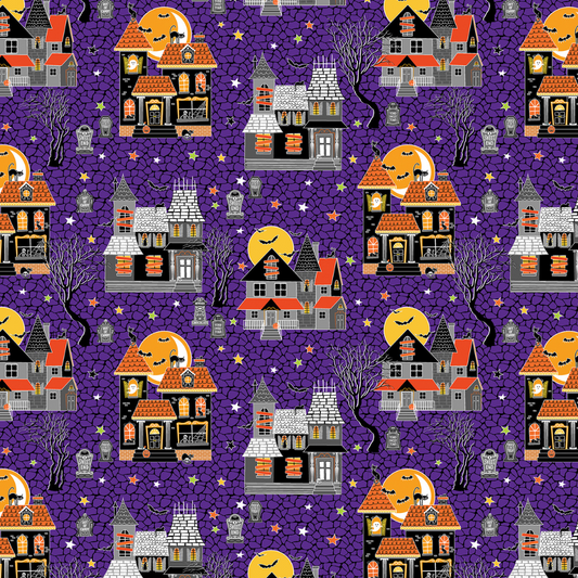 Haunted Houses Purple Glow-O-Ween Halloween Cotton Fabric by the Yard
