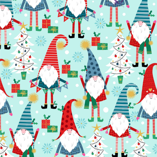 Gnome Cotton Fabric by the yard - Large Remnants - A Gnome to Fa La Collection Aqua Gnomes