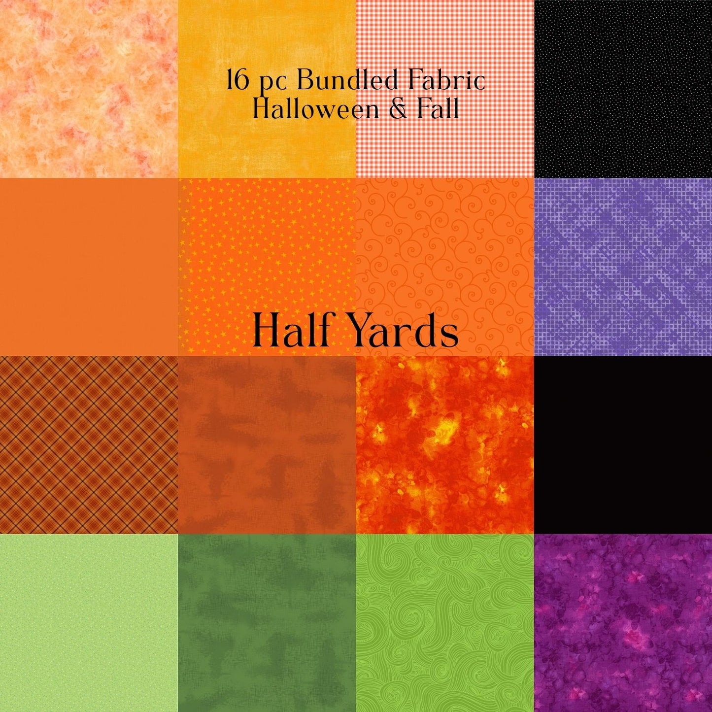 16-Piece Orange, Green, Black & Purple Fabric Bundle | Exclusive Halloween & Multi-Color Cotton Bundle – Fat Quarters, Half Yards, Yards