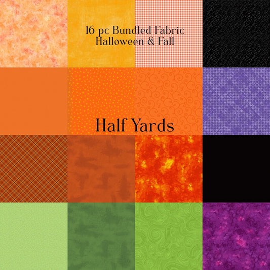 16-Piece Orange, Green, Black & Purple Fabric Bundle | Exclusive Halloween & Multi-Color Cotton Bundle – Fat Quarters, Half Yards, Yards