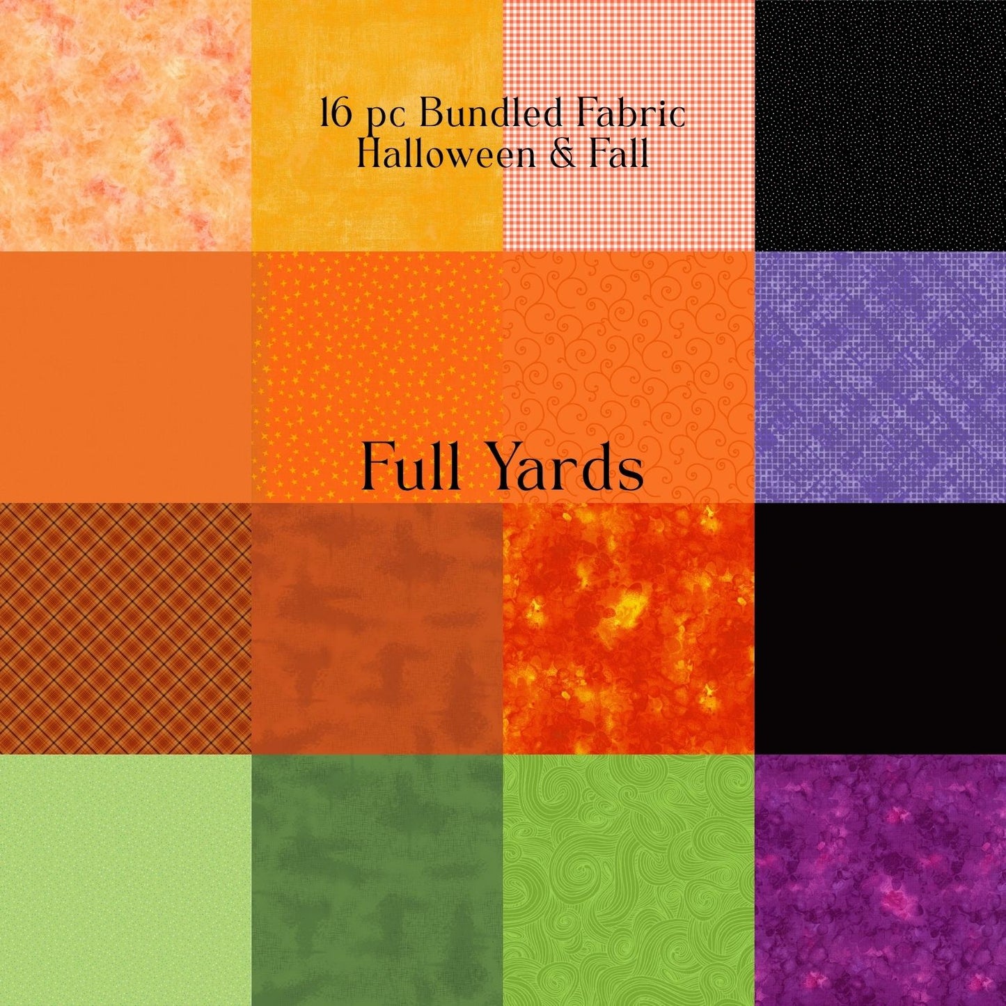 16-Piece Orange, Green, Black & Purple Fabric Bundle | Exclusive Halloween & Multi-Color Cotton Bundle – Fat Quarters, Half Yards, Yards