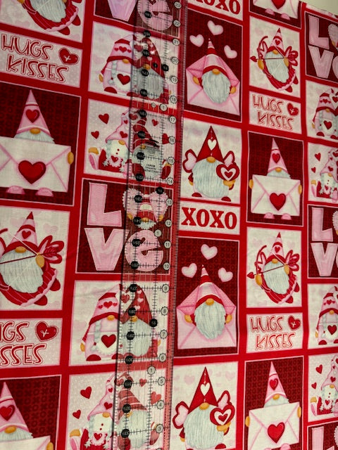 Gnomie Love Gnome Valentine's Day Fabric - Patchwork Cheater Quilt Cotton Fabric by the Yard