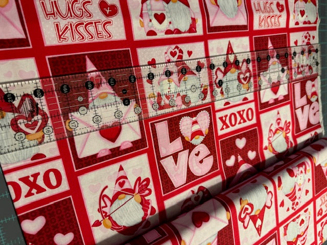 Gnomie Love Gnome Valentine's Day Fabric - Patchwork Cheater Quilt Cotton Fabric by the Yard