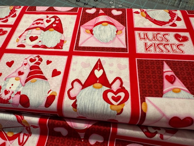 Gnomie Love Gnome Valentine's Day Fabric - Patchwork Cheater Quilt Cotton Fabric by the Yard