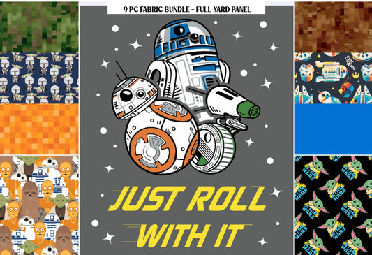 Star Wars Fabric BUNDLE Just Roll With It Panel, BB8, R2D2, and DO Star Wars Droids (FQs, 1/2yd, 1 yd)