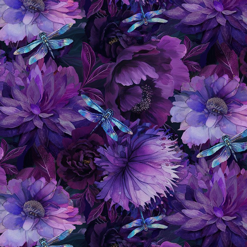 Dragonfly Mist Floral with Dragonflies fabric – blue dragonflies and purple watercolor blooms by Timeless Treasures