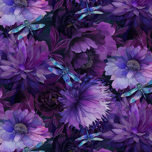 Dragonfly Mist Floral with Dragonflies fabric – blue dragonflies and purple watercolor blooms by Timeless Treasures