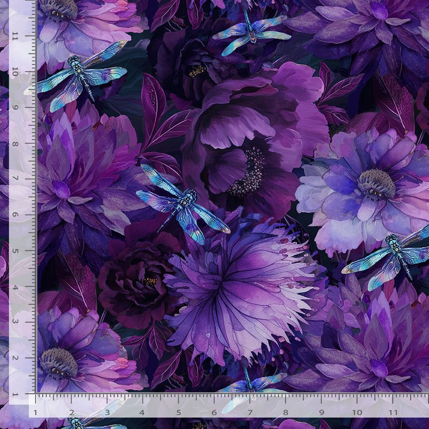 Fabric with purple flowers and dragonflies on a dark background, measured with a ruler.