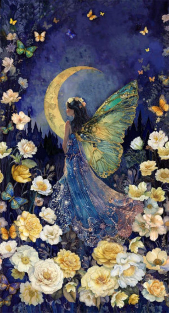 Fantasy fairy with butterfly wings among flowers and butterflies under a crescent moon.