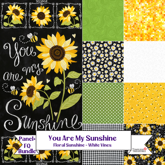 You are my Sunshine Fat Quarter Fabric bundle with Sunflower Cotton Panel - Floral Sunshine