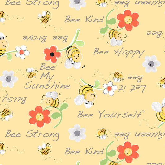 Yellow Bee Words Floral Cotton Fabric - Susybee Sweet Bees Collection - SB20362-310