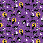 A fabric with a pattern of cats, moons, and stars on a purple background.